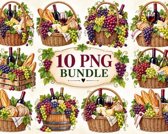 Wine & Grape Harvest Clipart Bundle, 10 PNG, Vineyard Basket Clipart, Wine Cheese Bread Clipart, Rustic Winery Digital Download