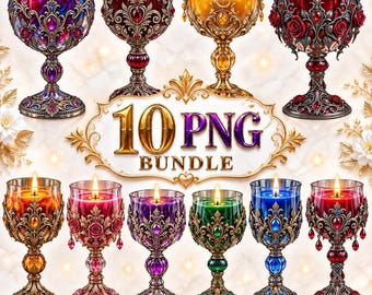 Ornate Candle PNG Bundle, 10 Gothic Fantasy Candles, Jeweled Goblet Candle Clipart, Luxury Candle PNG, Digital Download