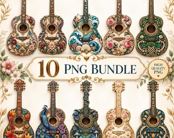 Fantasy Guitar PNG Bundle, 10 Ornate Guitar Clipart, Floral Guitar PNG, Celtic Guitar, Peacock Guitar, Ocean Guitar, Sublimation Design