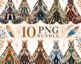 Boho Teepee PNG Bundle, 10 Tribal Teepee Clipart, Native Inspired Tent PNG, Bohemian Camping Sublimation Design, Digital Download