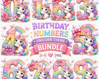 Unicorn Birthday Numbers PNG Bundle 0-9 | 3D Pastel Rainbow Unicorn Numbers | Transparent PNG Clipart | Birthday Invitation | Cake Topper |