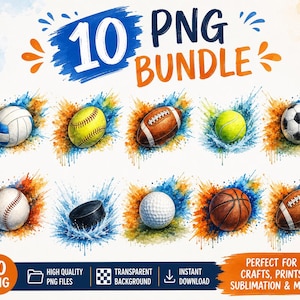 10 Watercolor Sports Ball PNG Bundle | Baseball, Basketball, Soccer, Volleyball, Tennis, Golf, Football, Softball, Hockey Clipart