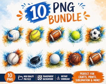 10 Watercolor Sports Ball PNG Bundle | Baseball, Basketball, Soccer, Volleyball, Tennis, Golf, Football, Softball, Hockey Clipart