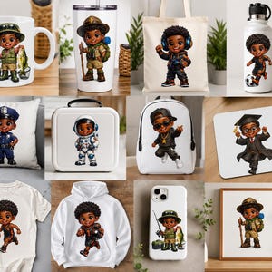 May include: A collection of merchandise featuring a cartoon character in various outfits including a fisherman, scout, gamer, footballer, police officer, astronaut, rapper, graduate, basketball player, and American football player on mugs, bags, apparel, and tech accessories.