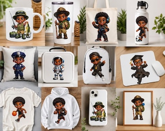 15 African American Chibi Boy PNG Bundle | Cute Kids Clipart | Black Boy Occupation & Sports PNG