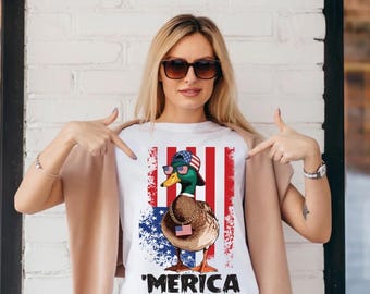 Funny ‘Merica Duck PNG, Patriotic Duck Shirt Design, USA Flag Sunglasses Duck, 4th of July Graphic, American Pride Sublimation PNG