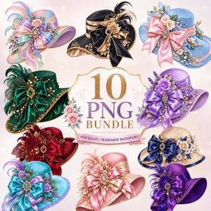May include: A collection of ten decorative hats in various colors including pastel, black, blue, green, purple, red, and pink. Each hat features large satin bows, floral accents, feathers, and pearl embellishments. The center text reads 10 PNG BUNDLE.