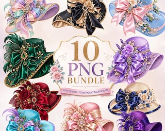 Vintage Hat PNG Bundle, Elegant Women’s Hat Clipart, Luxury Fashion Hat PNG, Floral Hat Digital Download, Couture Hat Clipart, 10 PNG