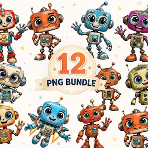 Puede incluir: Una colección digital de 12 personajes de robots de dibujos animados en varios colores, incluyendo rojo, naranja, azul, morado y verde. Cada robot tiene ojos grandes y expresivos, antenas y cuerpos mecánicos. El texto dice 12 PNG BUNDLE.
