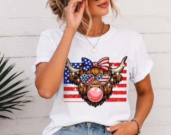 Patriotic Highland Cow PNG , USA Cow Sublimation Design, American Flag Cow with Heart Sunglasses, Bubble Gum Cow Digital Download, 4th