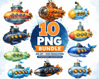10 Watercolor Submarine PNG Bundle | Cute Nautical Clipart | Ocean Submarine PNG | Transparent Background | Commercial Use | Printable PNG