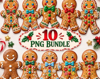 Gingerbread Man PNG Bundle, 10 Christmas Gingerbread Clipart PNG, Cute Holiday Cookie Sublimation Designs, Christmas Digital Download