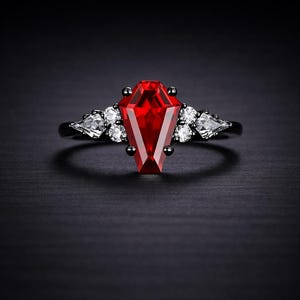 Gothic Coffin Ruby Engagement Ring, Black Gold Kite Moissanite Wedding Ring, Art Deco Bridal