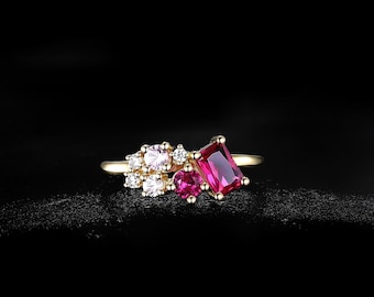 Vintage 14K Gold Ruby Stacking Ring: Pink Sapphire & Moissanite
