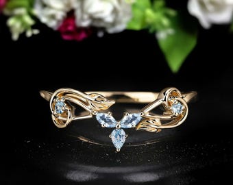 Dainty Solid Gold Marquise Aquamarine Ring - Twisted Leaf Design