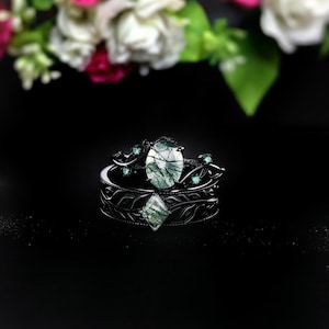 Moss Agate His & Hers Wedding Ring Set, Art Deco Twig Rings