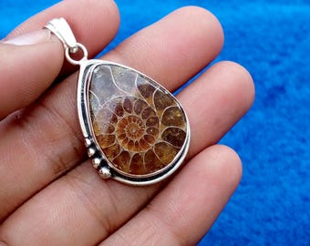 May include: A teardrop-shaped pendant with a polished, fossilized ammonite encased in a silver setting. The ammonite displays a detailed spiral pattern in shades of brown and amber. The pendant has a silver bail for a chain.