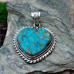 Heart Shape Blue Copper Turquoise Pendent*925 Sterling Silver*Charming Pendant*Handmade Pendant*Stylist Unisex Necklace*Christmas Gift