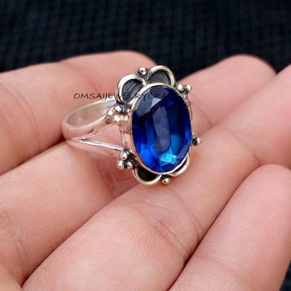 Genuine Sapphire Gemstone Ring *925 Sterling Silver Ring* Handmade -Statement Ring* Designer Ring* Gift For Christmas*Royal Blue Stone Ring