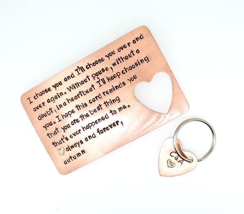Wallet Insert Card with Heart Cutout Keychain Hand Stamped Etsy
