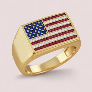 American Flag Ring With Ruby & Sapphire Stone, USA Flag Statement Ring For Men, Patriotic Jewelry Gift, 4th of July Independence Day Jewelry