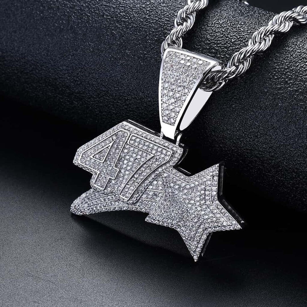 Rapper Pendant Numbers Men's Hip Hop 47 Number Star Pendant, 925 Silver Round Cut Moissanite ...