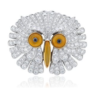 Halloween Night Wear Brooch, Hip Hop Owl Brooch, Birds Jewelry Gift For Him-Her, 925 Silver Party Wear Brooch, Round CZ Stone Wedding Brooch