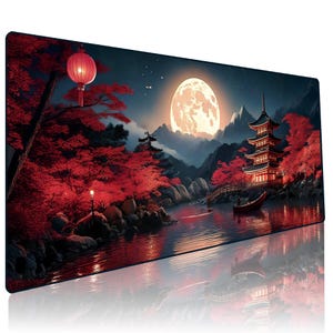 Japanese Mouse Pad, Large Japanese Desk Mat, XL Anime Desk Mat, Non-Slip Rubber Base, Big Extended, 31.5”x11.8” (Riverside Full Moon)