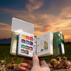 Puede incluir: Un juego de pintura de acuarela de polipiel verde con un pequeño cuaderno de bocetos y un bolígrafo. El juego de pintura incluye una paleta de varios colores. El cuaderno de bocetos presenta una pequeña pintura de acuarela de una casa. El bolígrafo es plateado y blanco.