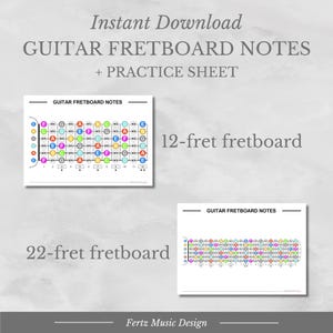 Puede incluir: Una descarga digital con notas de diapasón de guitarra y una hoja de práctica. La imagen incluye dos diagramas: un diapasón de 12 trastes y uno de 22 trastes, cada uno mostrando notas de colores. El texto dice "Instant Download GUITAR FRETBOARD NOTES + PRACTICE SHEET."