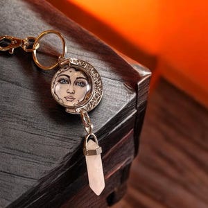 Luna Moon KeyChain or Bag Charm with Clear Quartz Crystal
