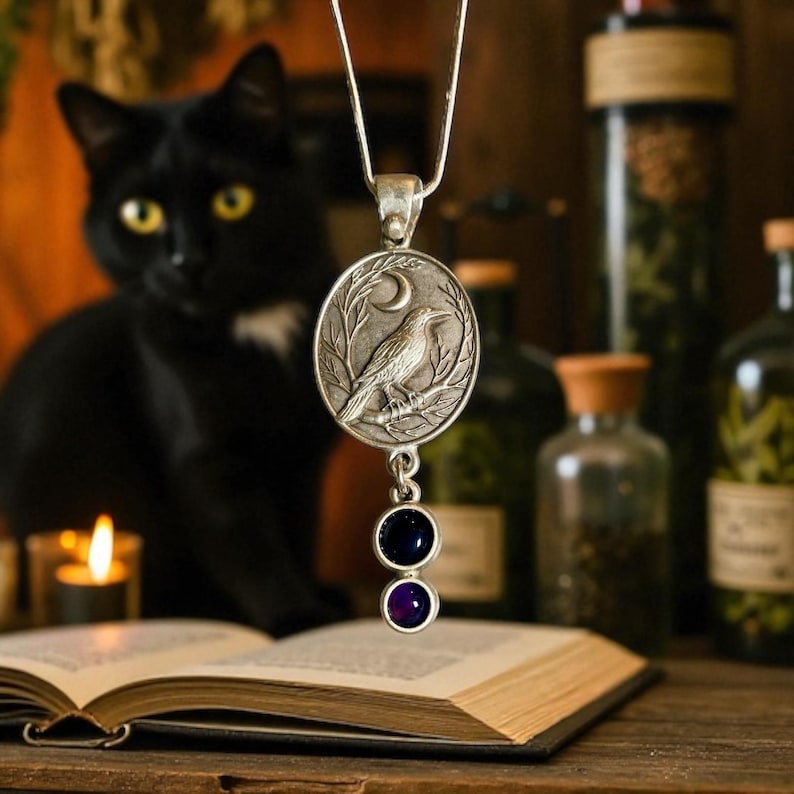 Pu&ograve; includere: Collana con pendente argentato con un design di corvo su un ramo, con una luna crescente e fogliame. Il pendente ha due gemme pendenti, una blu scuro e una viola. Un gatto nero e un libro aperto sullo sfondo.