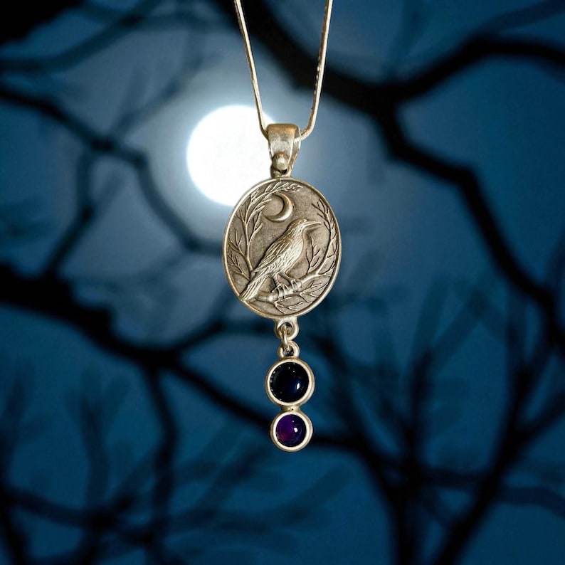 Pu&ograve; includere: Collana con pendente color argento con un pendente ovale raffigurante un corvo su un ramo, una luna crescente e due gemme pendenti. Le gemme sono blu scuro e viola. La collana &egrave; appesa su uno sfondo blu scuro.