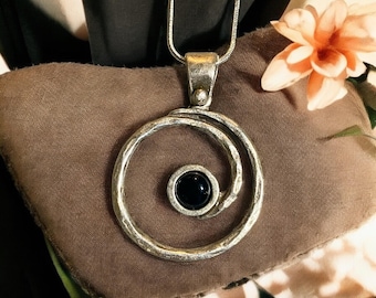 Celtic Spiral Black Onyx Pendant Necklace – 20” Silver Plated Chain by Magic Pet Rocks