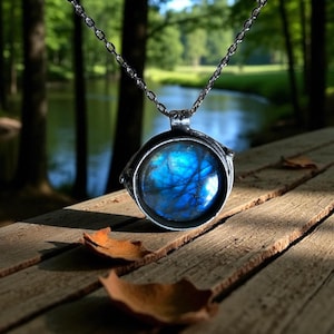 Mystical Blue Flash Labradorite Pendant on 22” Silver Chain