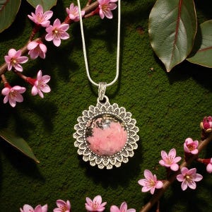 Op de afbeelding: Een zilveren hangerketting met een ronde, roze edelsteen met zwarte insluitsels, gezet in een decoratief, geschulpte frame. De hanger hangt aan een fijne zilveren ketting. Roze bloemen en groene bladeren omringen de ketting.