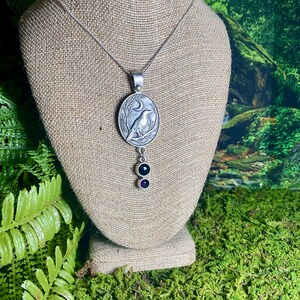 Pu&ograve; includere: Collana con pendente argentato con un design dettagliato di corvo all'interno di una cornice circolare, accentuato da una luna crescente. Il pendente &egrave; sospeso a una delicata catena e include due pietre preziose pendenti, una nera e una viola.
