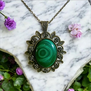 Stunning Genuine Malachite Rose Pendant Necklace