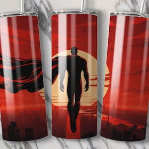 Flying Superhero Tumbler PNG Wrap • Bold Red Cape Superhuman Digital Sublimation • Comic Gift for Him • Action Hero Cup • Cartoon Movie Gift