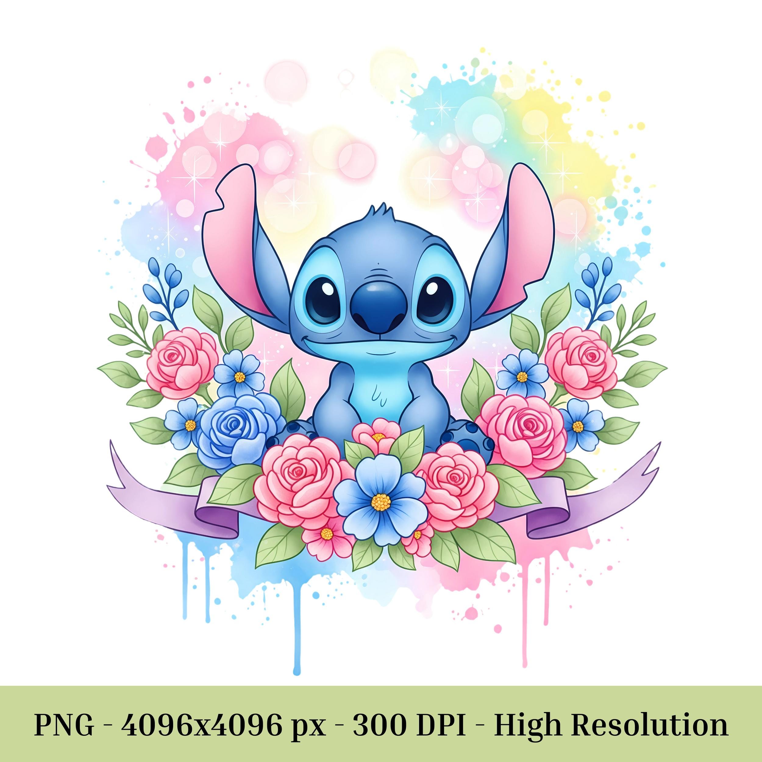 Watercolor Floral Blue Alien PNG – Cute Cartoon Clipart with Bow, Ears & Fireworks for Sublimation Shirt, Sticker Design