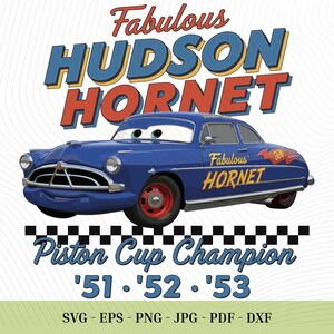 Fabulous Hudson Hornet SVG, Vintage Blue Race Car PNG, Classic Champion Racer Illustration for Kids Tumbler Shirt, Birthday Gift for Boy