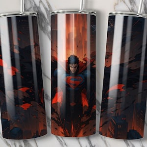 Flying Superhero Tumbler PNG Wrap • Bold Red Cape Superhuman Digital Sublimation • Comic Gift for Him • Action Hero Cup • Cartoon Movie Gift