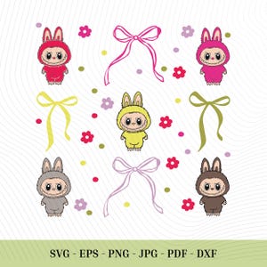 Kawaii Pastel Labu-strik met schattige konijnengezichten SVG PNG-clipart • Schattige cartoon lintontwerp voor kindershirt, scrapbooking of verjaardagscadeau
