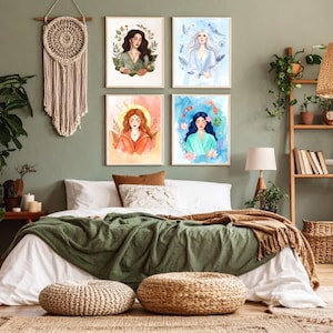 Elemental Goddess Printable Wall Art – Watercolor Spiritual Female Figures of Earth, Air, Fire & Water – A2 A3 A4 A5 18x24