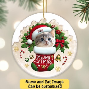 Personalized Meowy Catmas Ornament, Custom Cat Photo Christmas Keepsake, Pet Lover Chirstmas Decoration