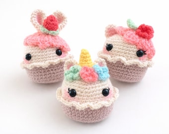 Lot de motifs au crochet pour cupcakes | Cupcakes licorne Kitty Bunny | 3 Desserts amigurumi PDF | Adapté aux débutants