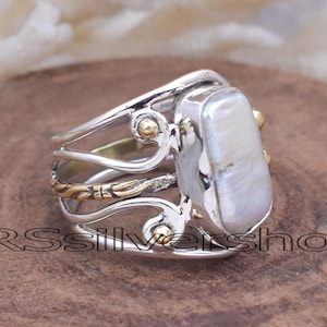 Natural Pearl Ring, 925 Sterling Silver Handmade Pearl Gemstone Ring, Two Tone Multiband Ring
