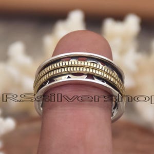 Sterling Silver Spinner Ring: Two-Tone Brass Band, Handmade Meditation Jewelry