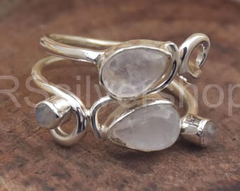 天然レインボームーンストーンリング：ハンドメイド925スターリング