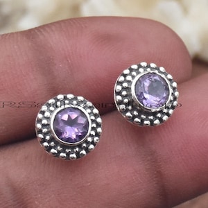 Amethyst Stud Earrings: Beaded 925 Sterling Silver, Handmade